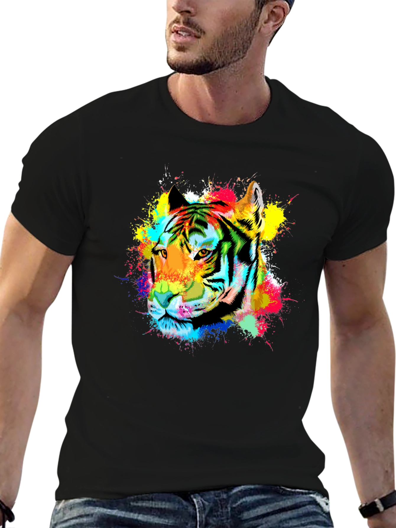 Vibrant Tiger Graphic Tee - Black Cotton Blend