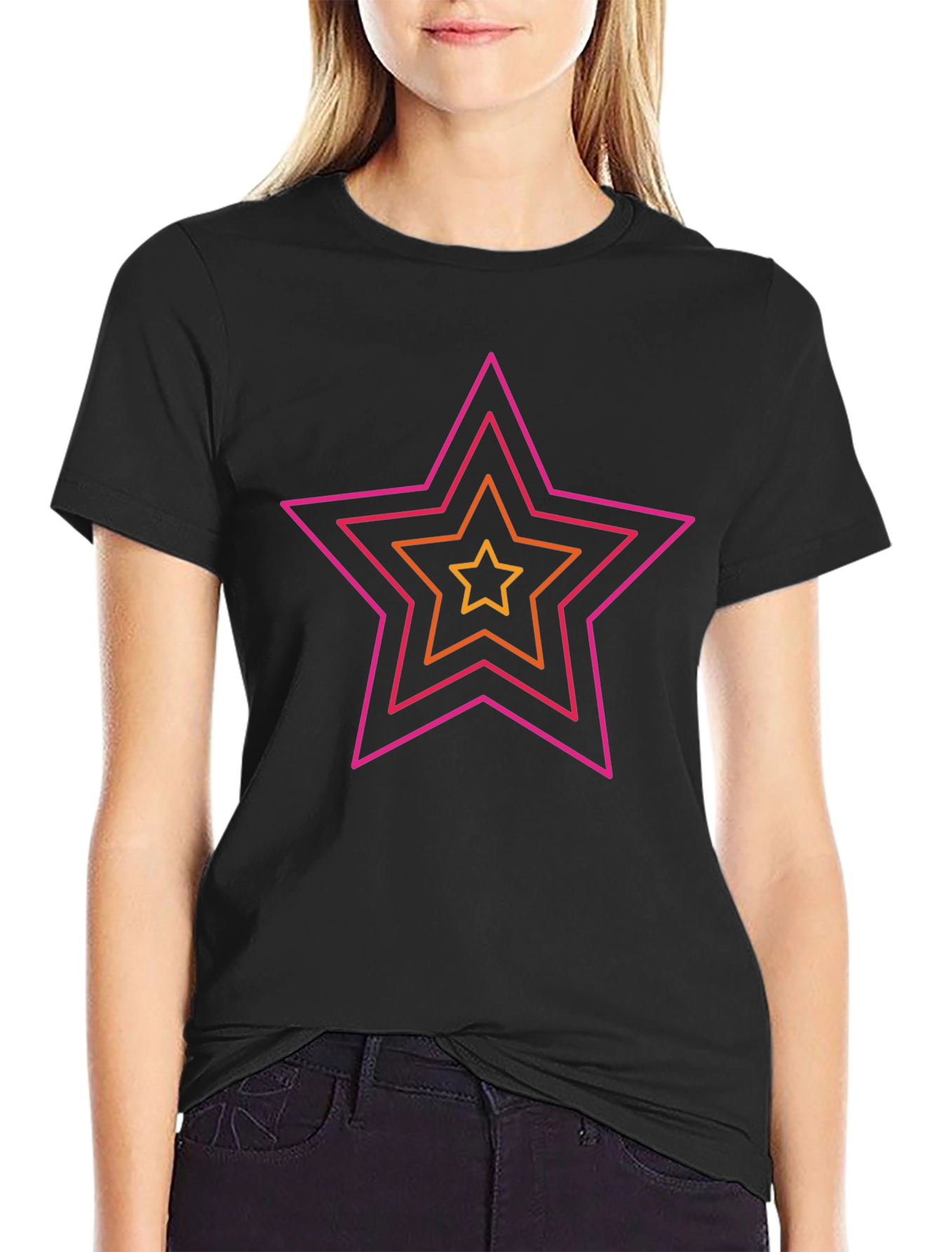 Retro Star Graphic Tee - Black Cotton Casual Shirt
