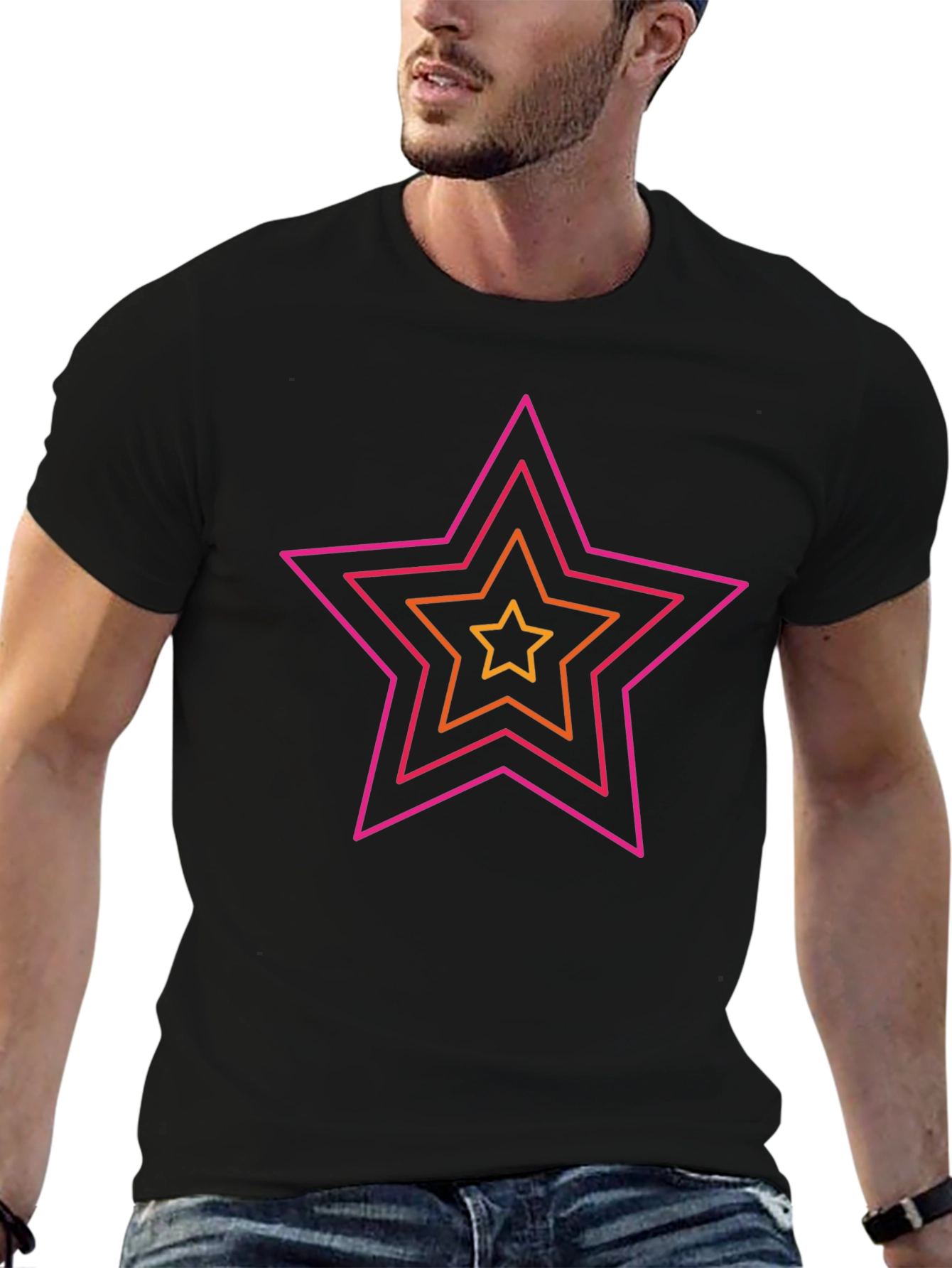 Retro Star Graphic Tee - Black Cotton Casual Shirt