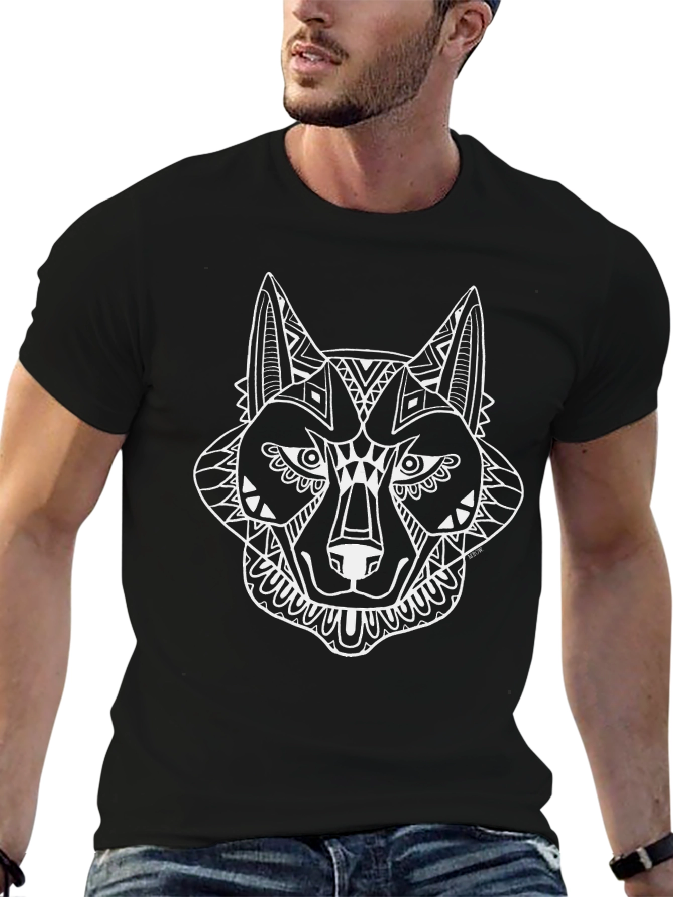 Wolf Graphic Tee - Black Cotton Blend Crew Neck