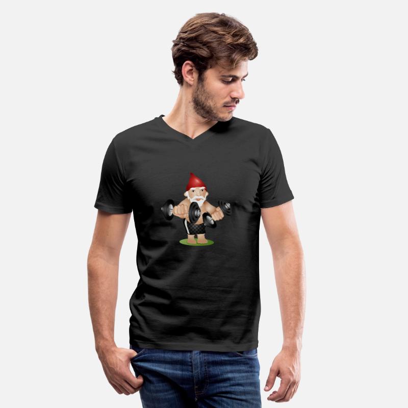 Bodybuilder garden gnome with dumbbells training