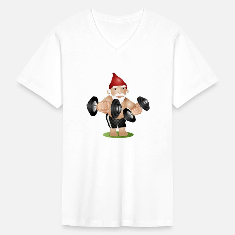 Bodybuilder garden gnome with dumbbells training