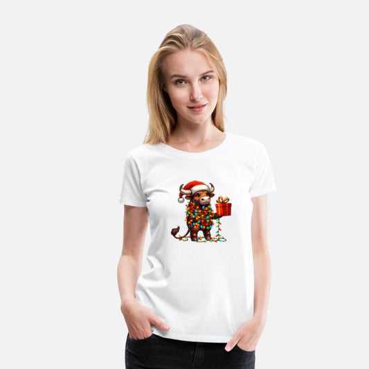 Bull Wearing Santa Hat, Holding A Present Box Xmas