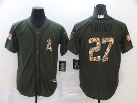Men's Los Angeles Angels Mike Trout #27 Army Green Replica Player Jerseys