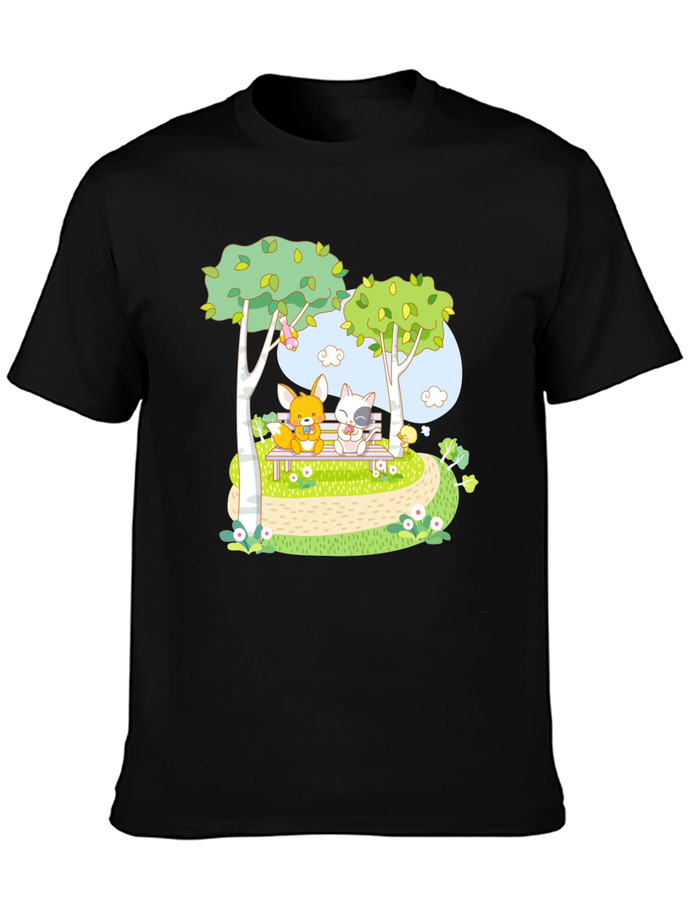 Cartoon Friends on a Bench Graphic T-Shirt
