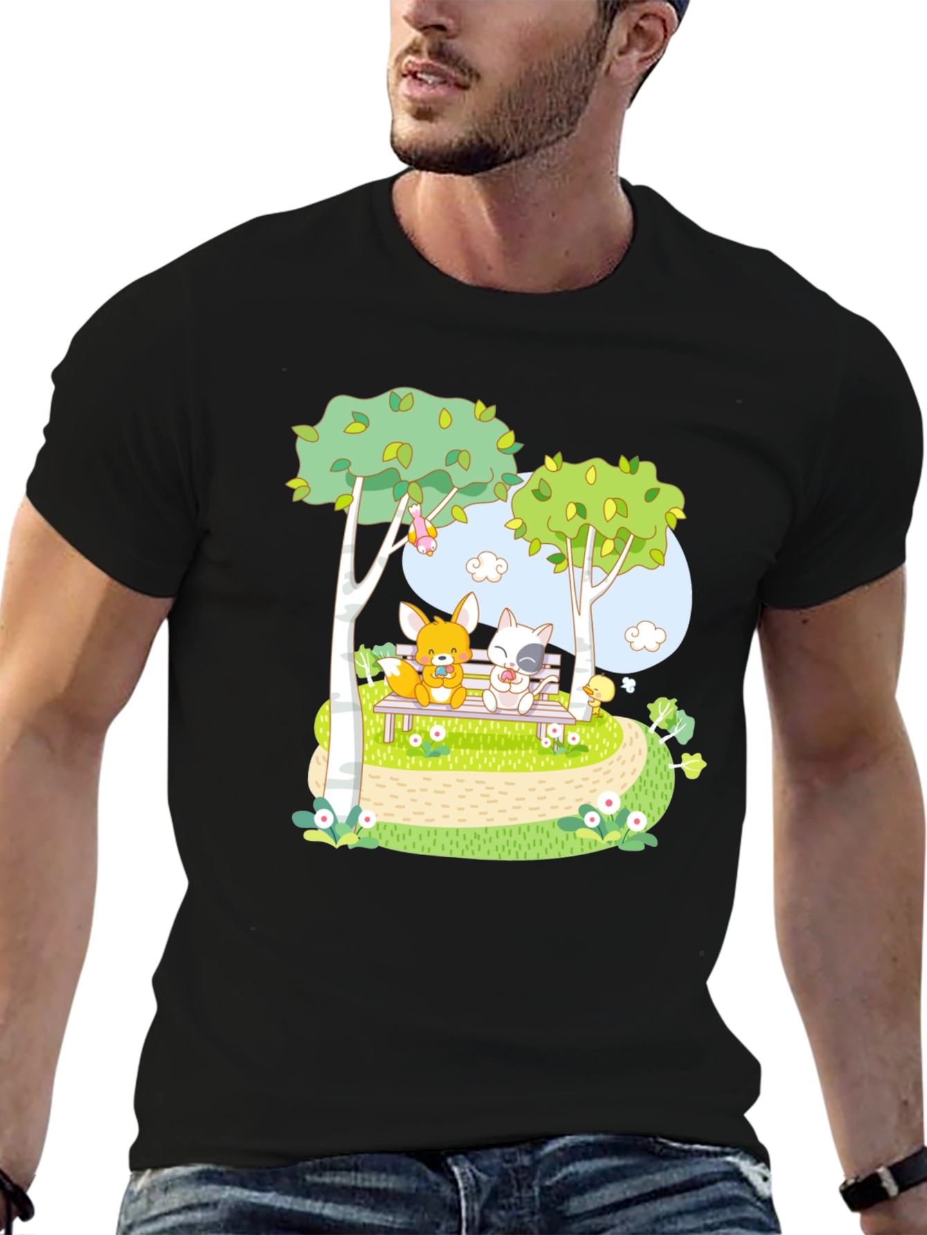 Cartoon Friends on a Bench Graphic T-Shirt