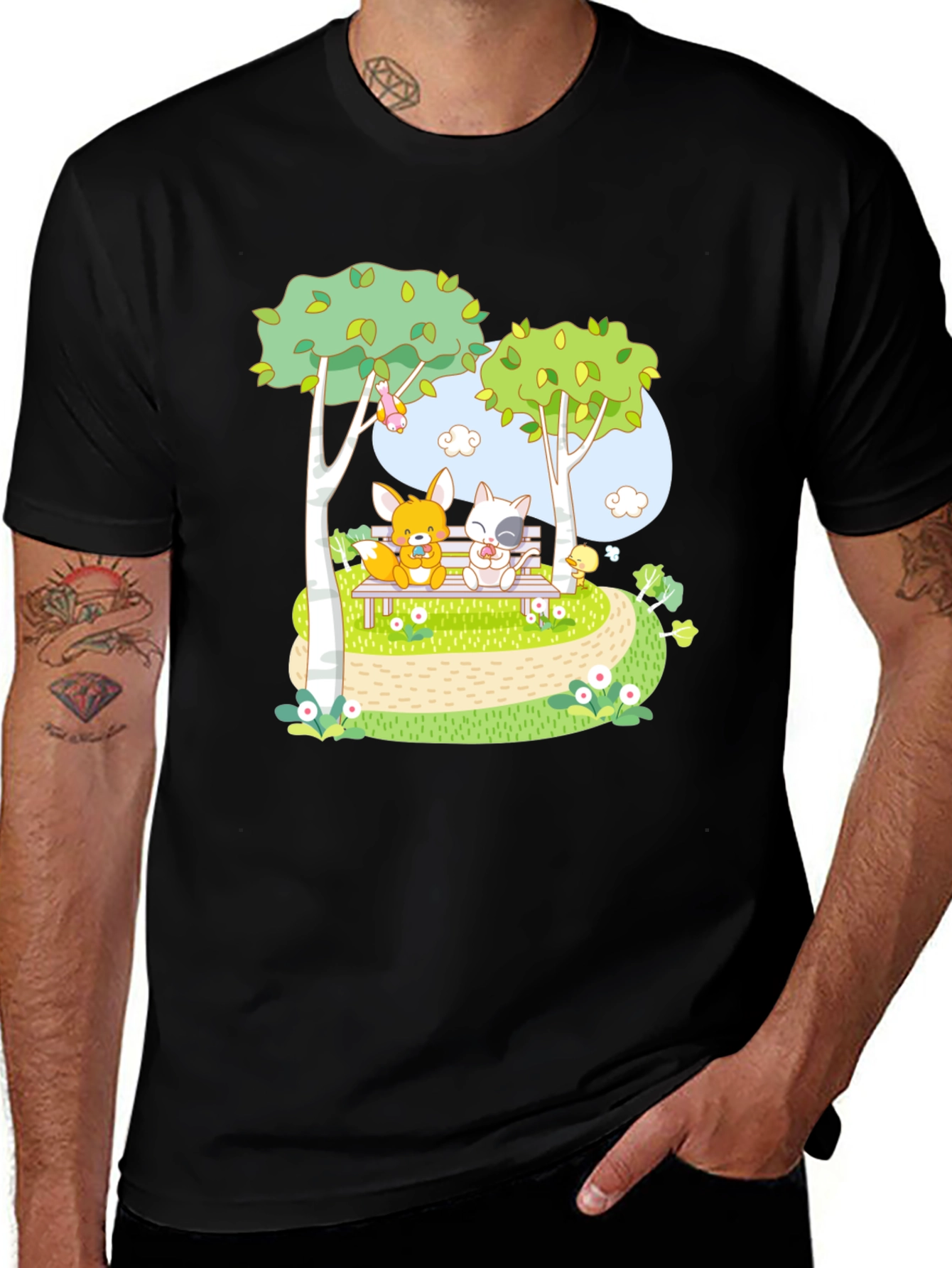 Cartoon Friends on a Bench Graphic T-Shirt