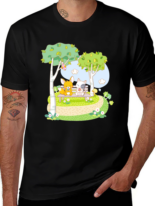 Cartoon Friends on a Bench Graphic T-Shirt