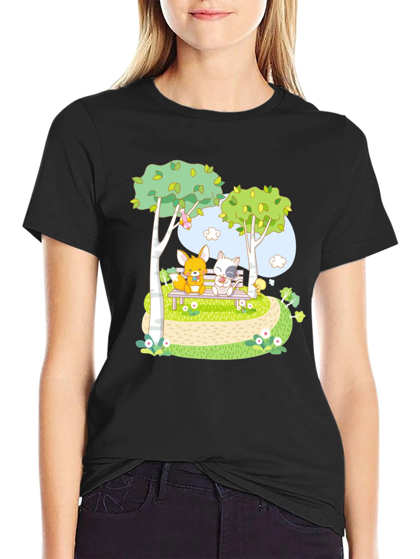 Cartoon Friends on a Bench Graphic T-Shirt