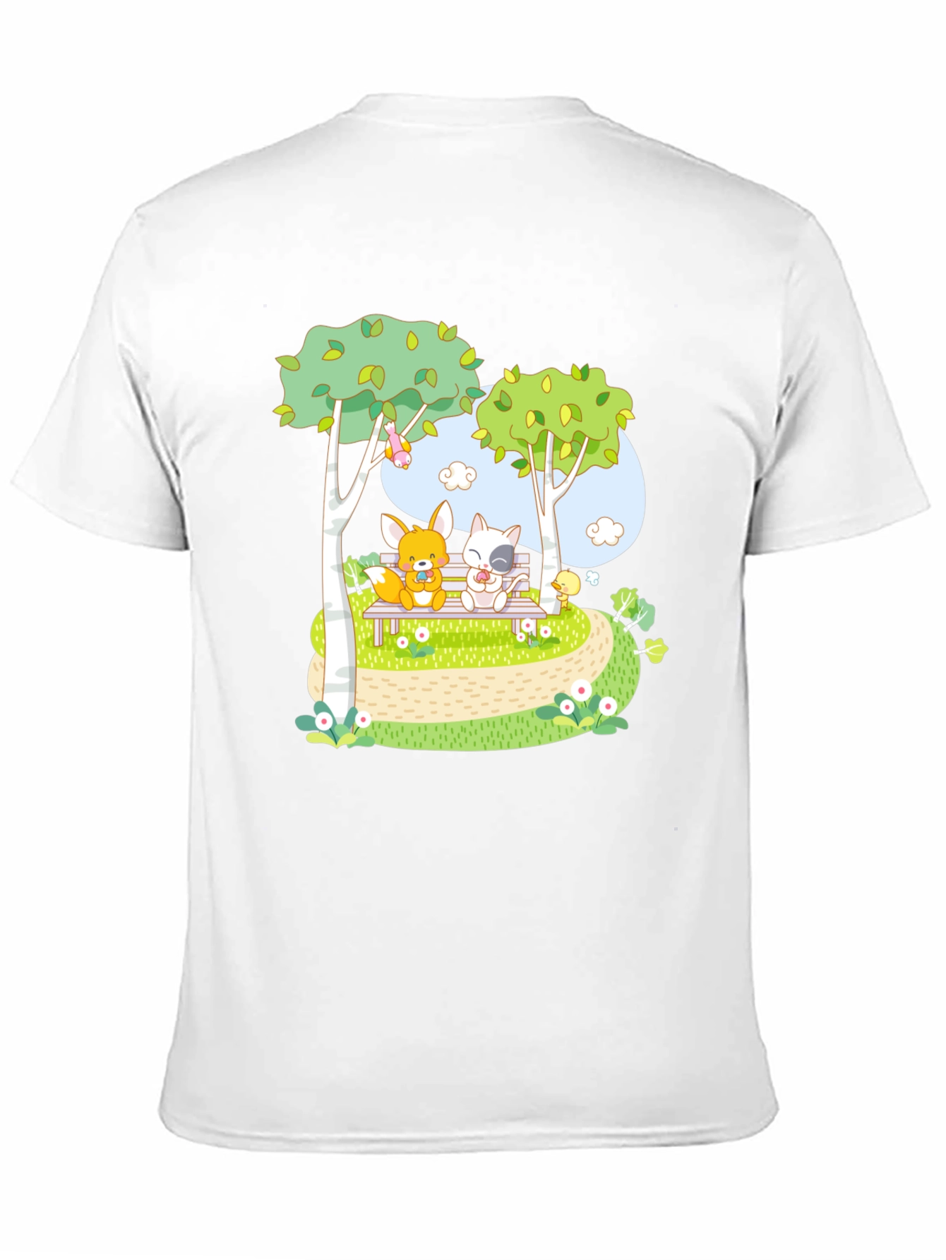 Cartoon Friends on a Bench Graphic T-Shirt