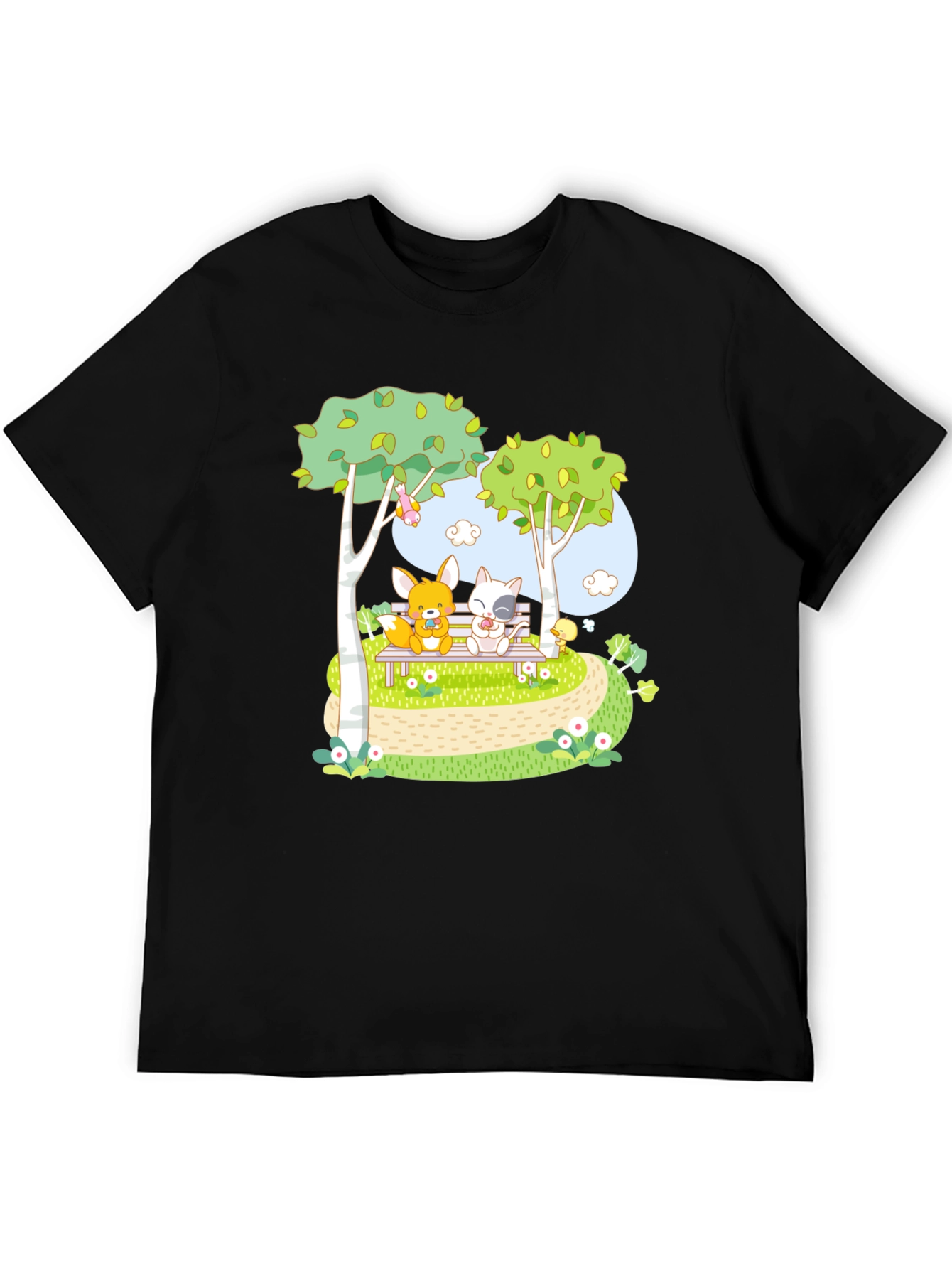 Cartoon Friends on a Bench Graphic T-Shirt