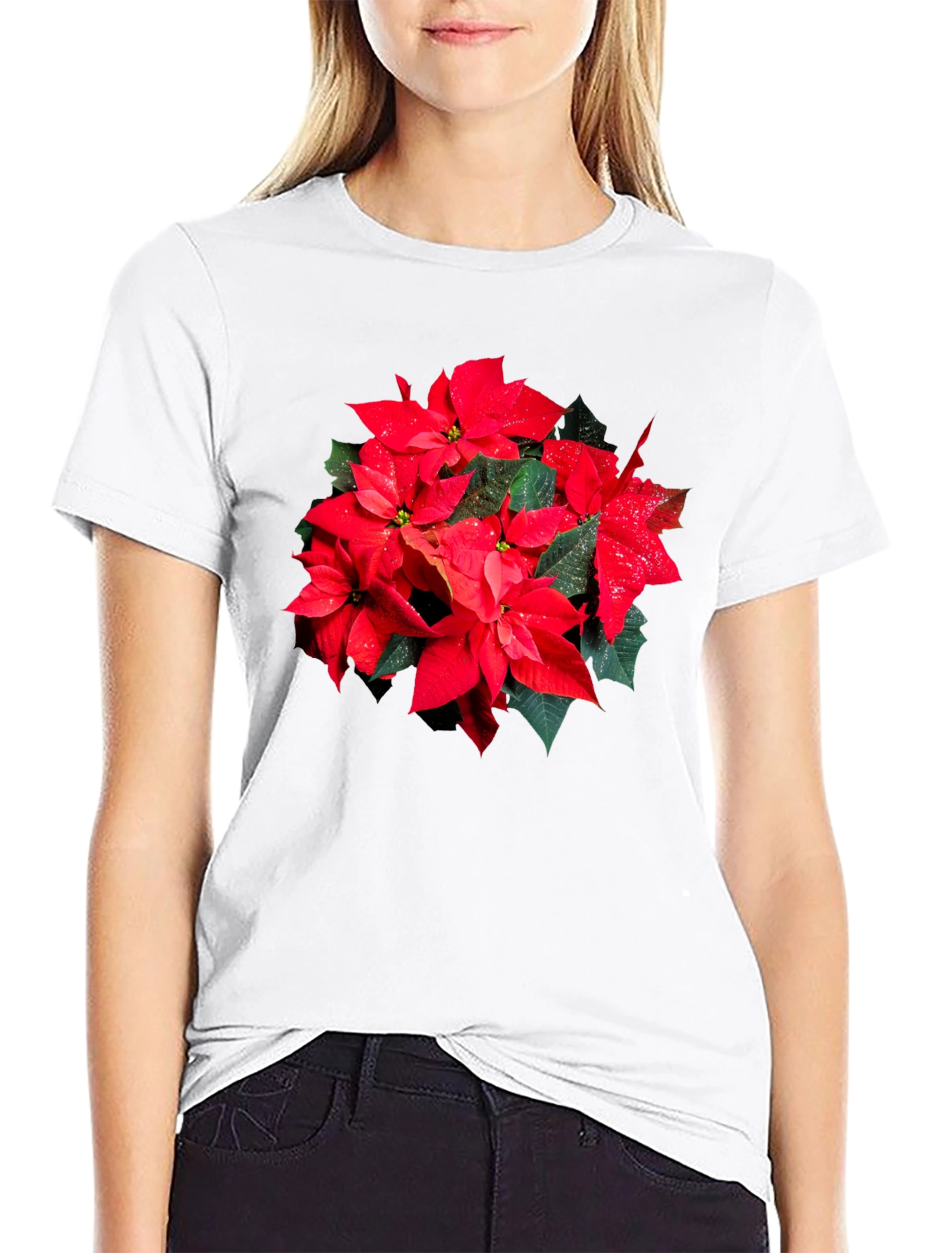 Poinsettia Flower Graphic Black T-Shirt