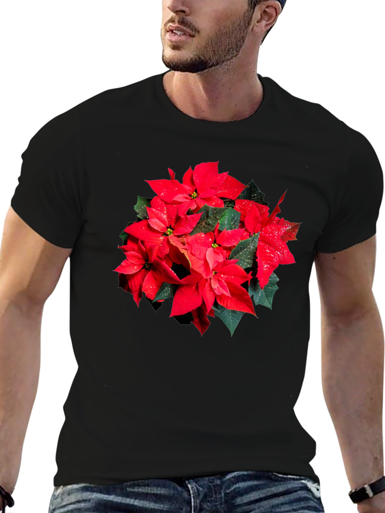 Poinsettia Flower Graphic Black T-Shirt