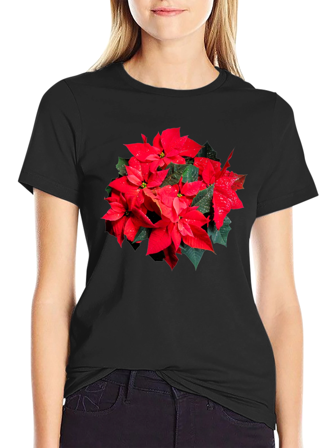 Poinsettia Flower Graphic Black T-Shirt