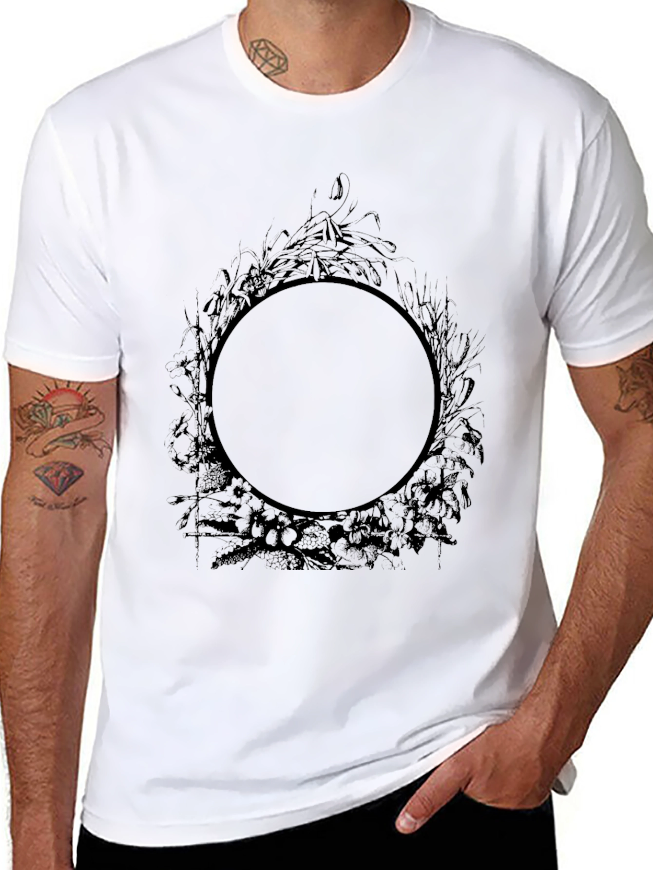 Mens Black Graphic Tee - Circle Floral Design