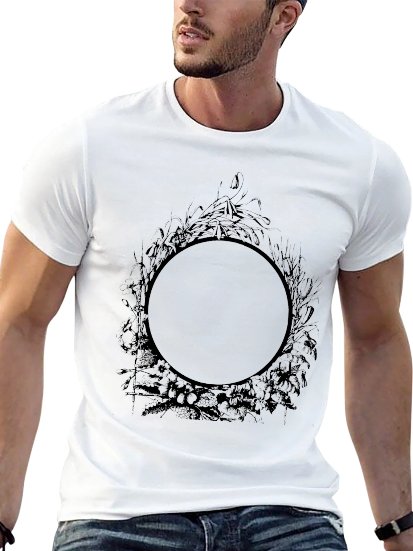Mens Black Graphic Tee - Circle Floral Design