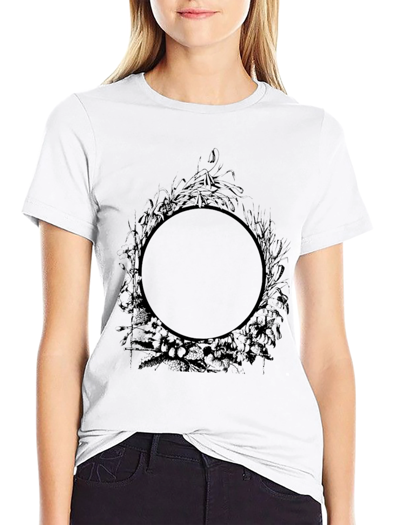 Mens Black Graphic Tee - Circle Floral Design
