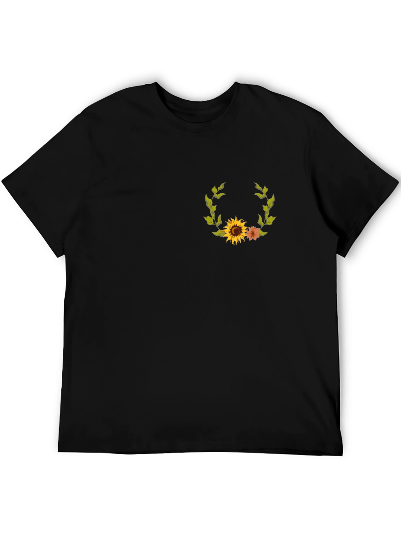 Sunflower Wreath Graphic Tee - Black Cotton Casual Shirt