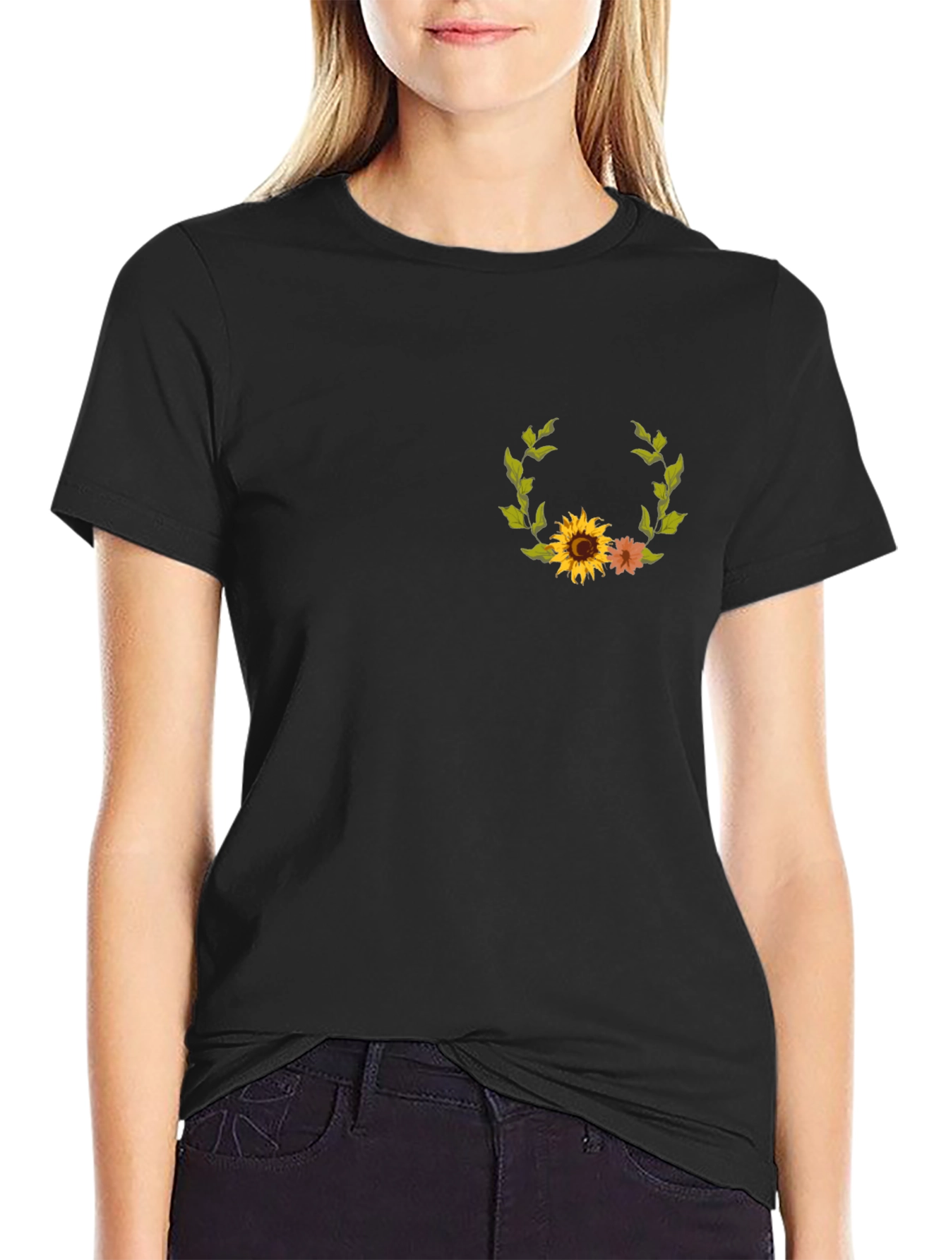 Sunflower Wreath Graphic Tee - Black Cotton Casual Shirt