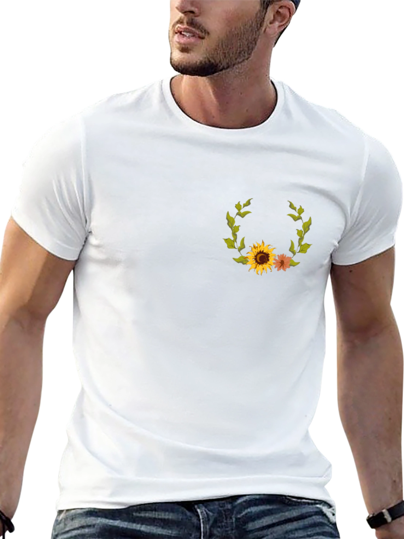 Sunflower Wreath Graphic Tee - Black Cotton Casual Shirt