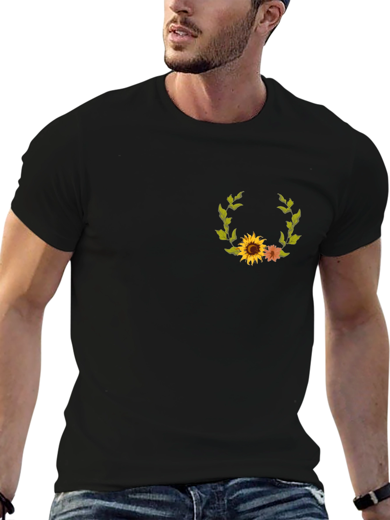 Sunflower Wreath Graphic Tee - Black Cotton Casual Shirt