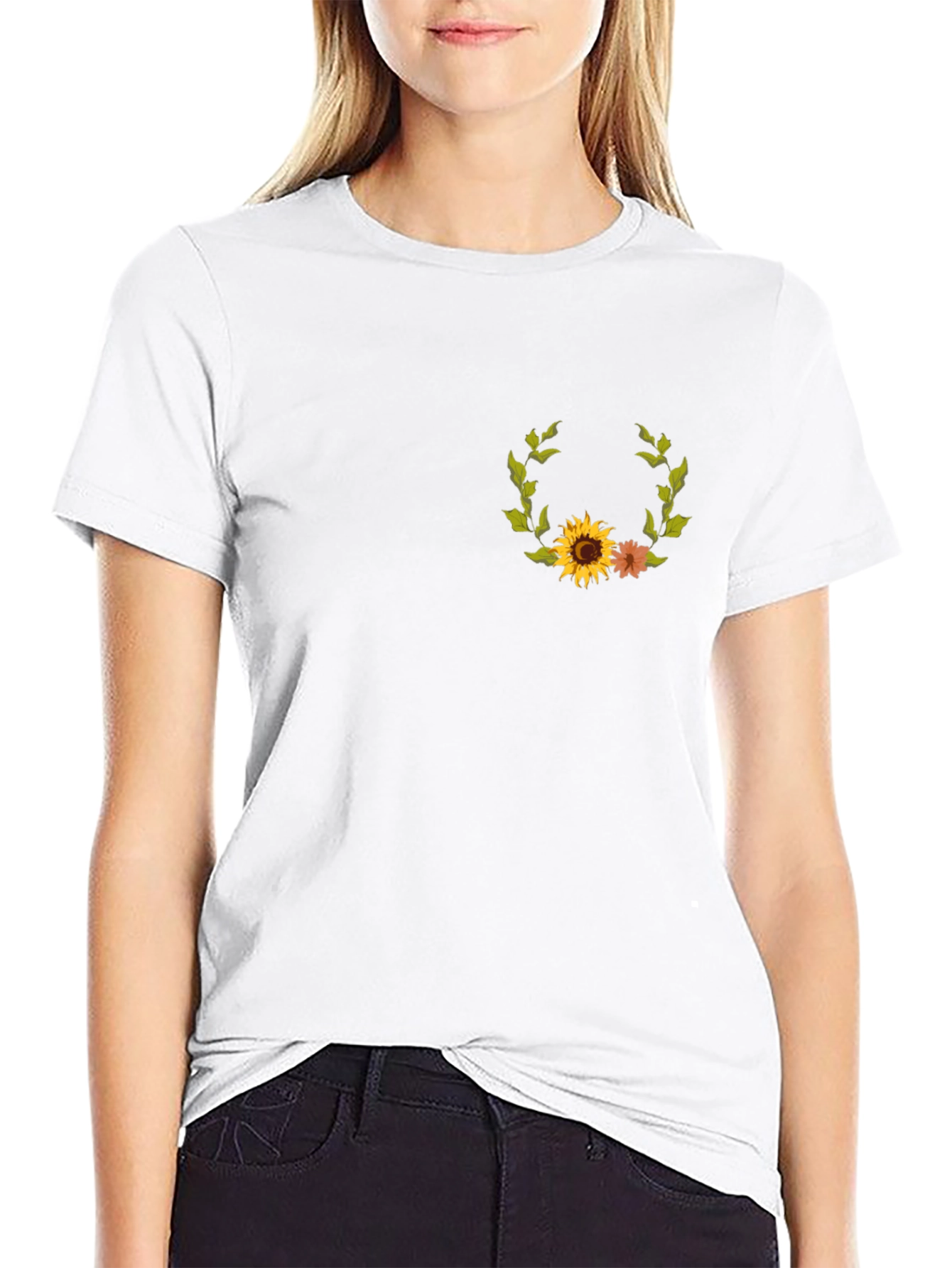 Sunflower Wreath Graphic Tee - Black Cotton Casual Shirt