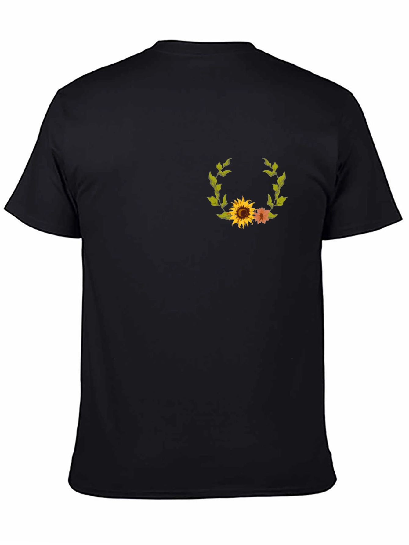 Sunflower Wreath Graphic Tee - Black Cotton Casual Shirt