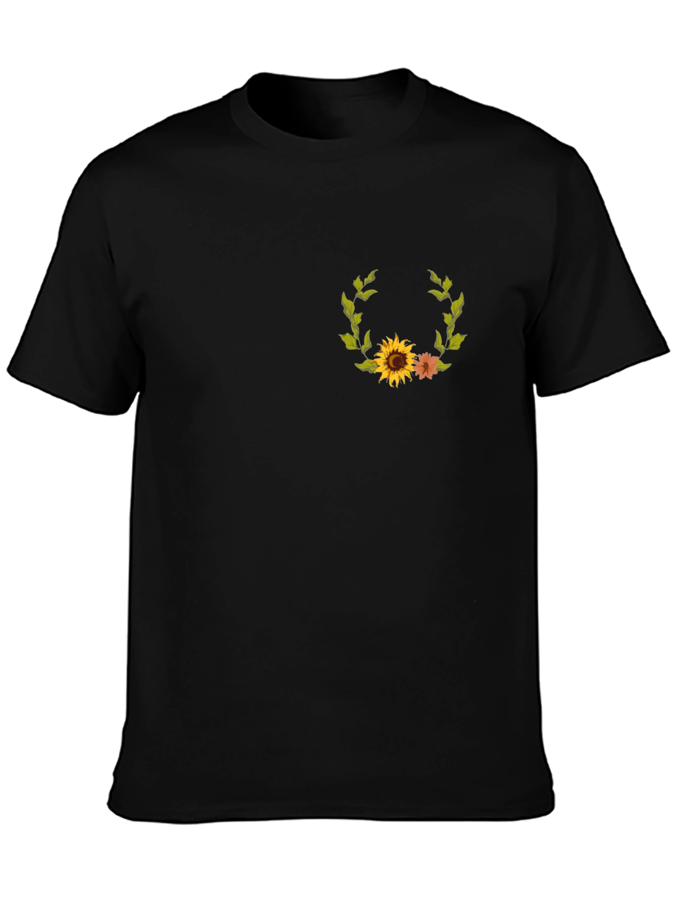 Sunflower Wreath Graphic Tee - Black Cotton Casual Shirt