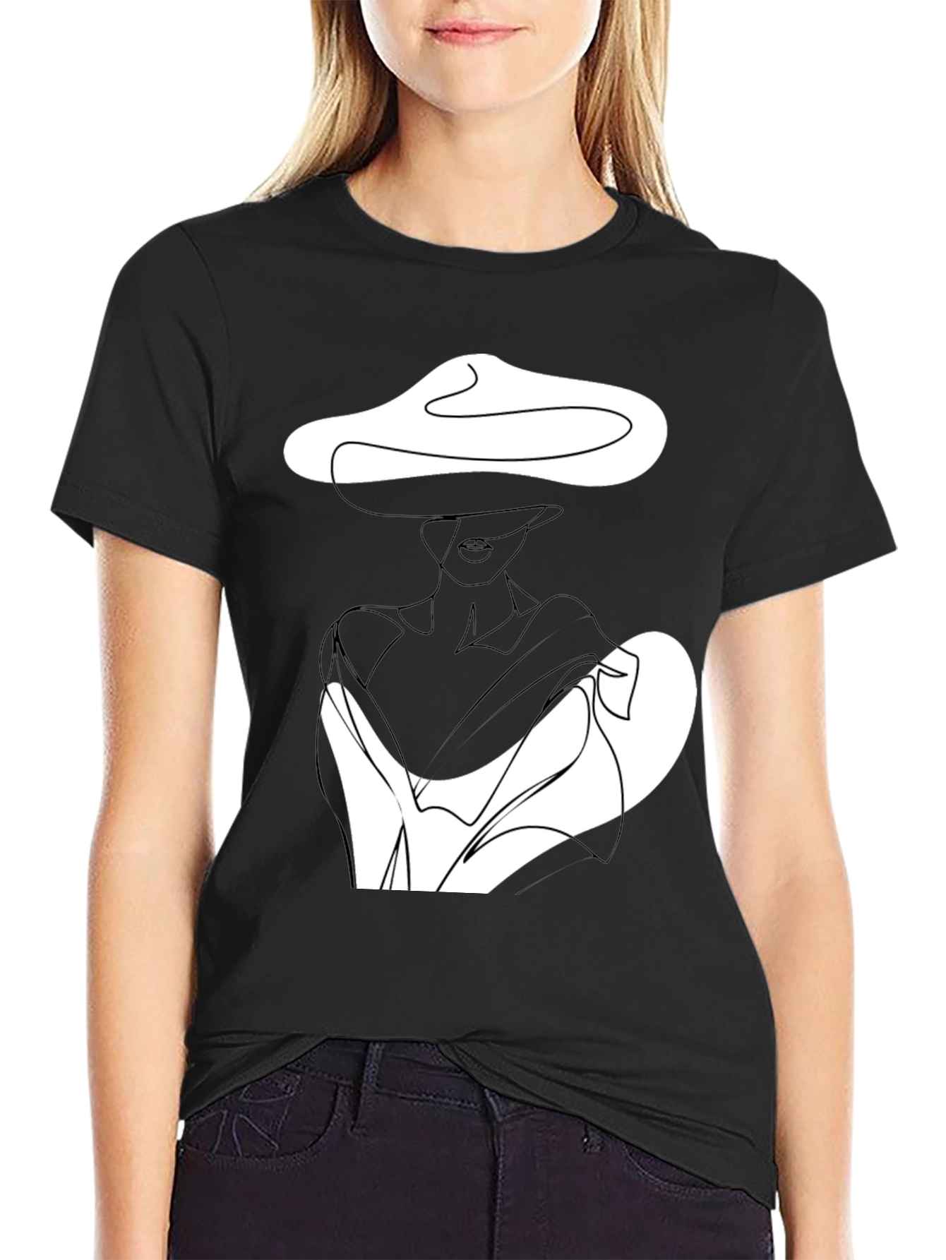 Elegant Woman Line Art Black T-Shirt