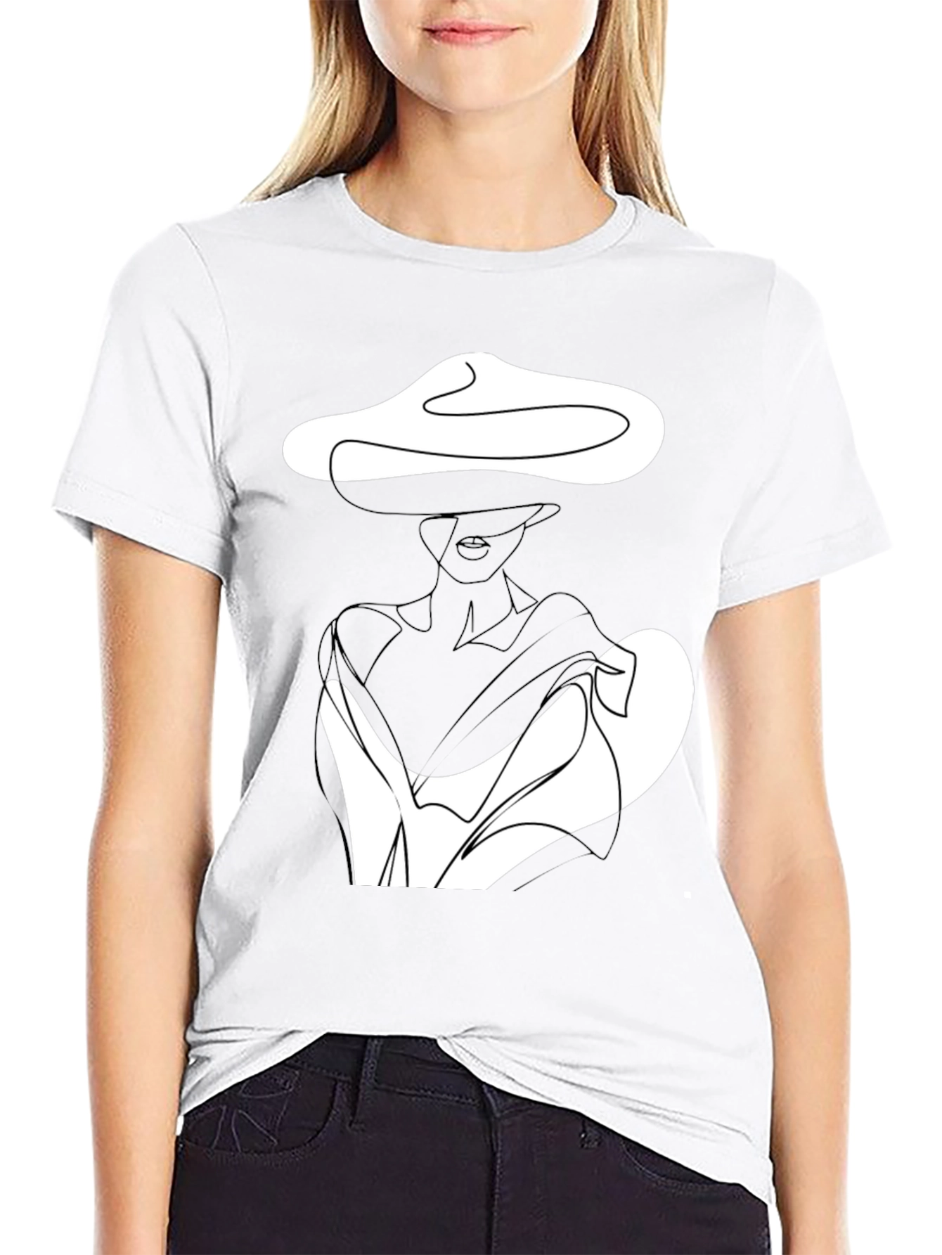 Elegant Woman Line Art Black T-Shirt