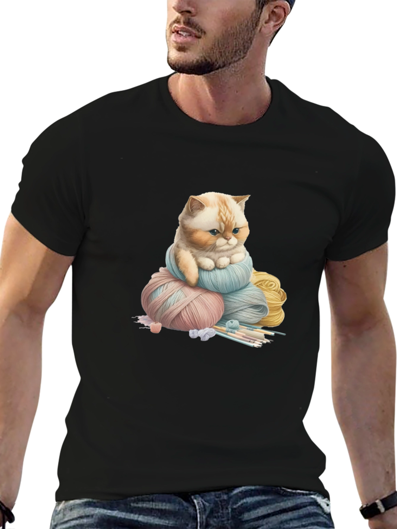 Cute Cat Kitten Yarn Ball Black T-Shirt