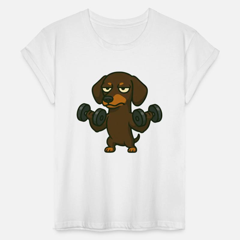 Dachshund with dumbbell fitness training biceps wo