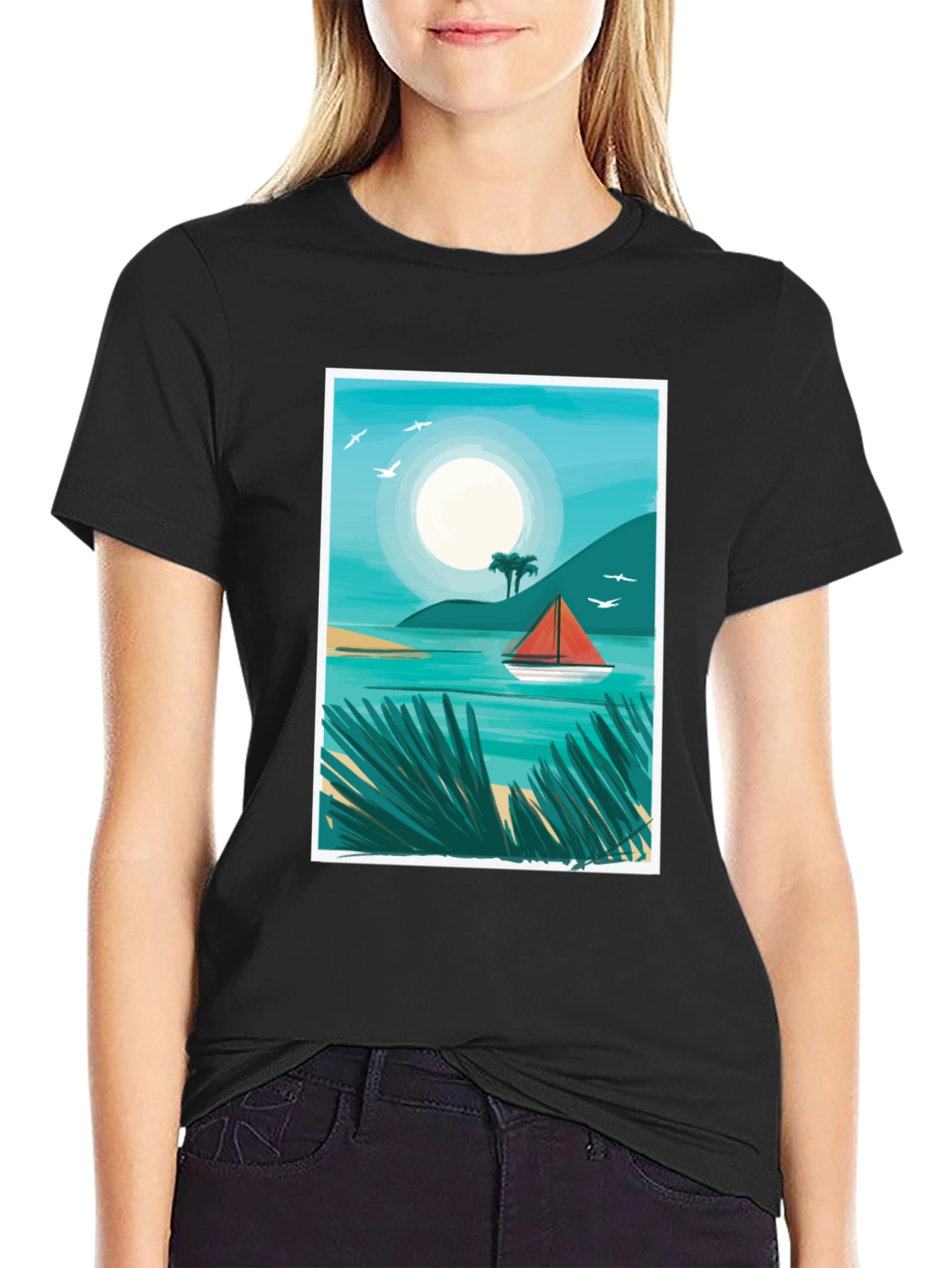 Coastal Sailboat Graphic Black T-Shirt