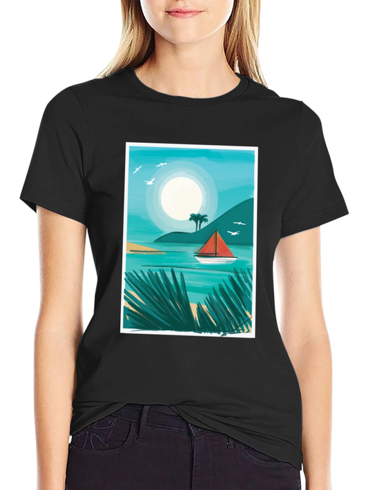 Coastal Sailboat Graphic Black T-Shirt