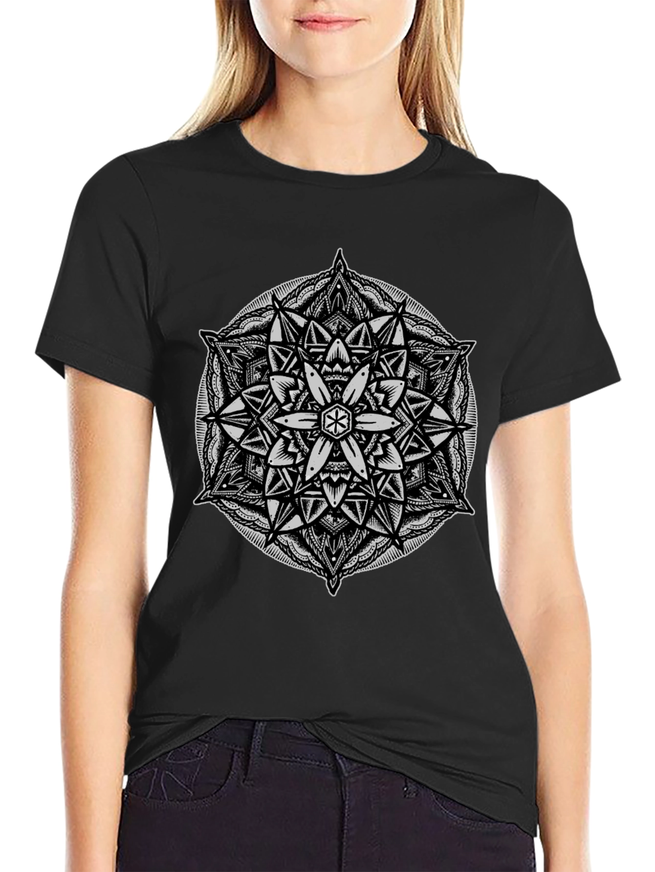 Geometric Mandala Graphic Tee - Black