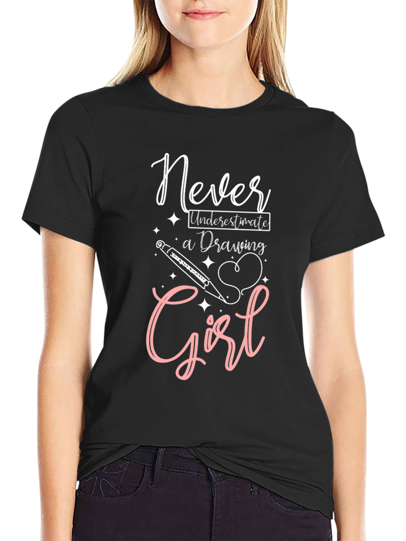 Never Underestimate a Drawing Girl Black T-Shirt
