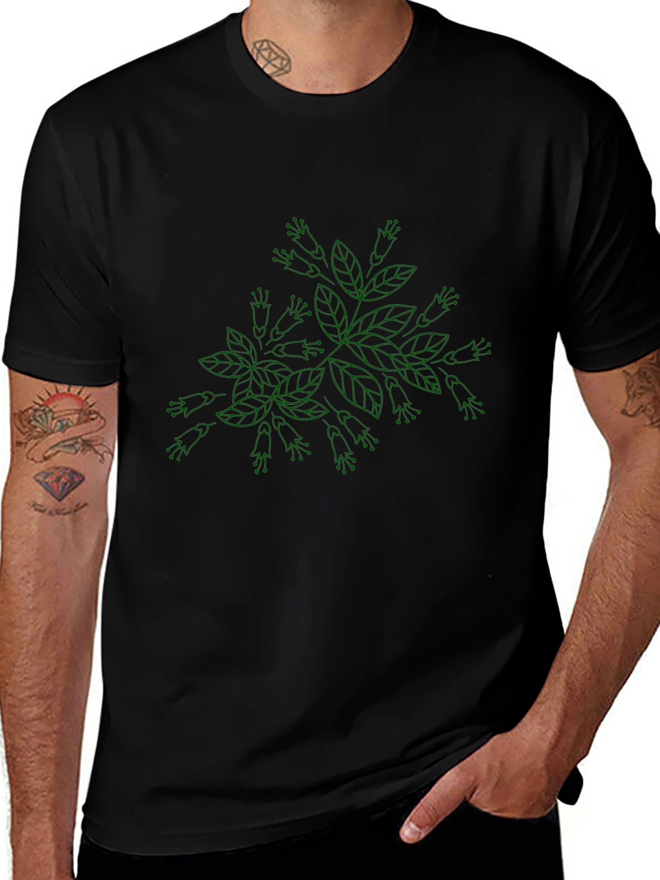 Botanical Green Print Black T-Shirt