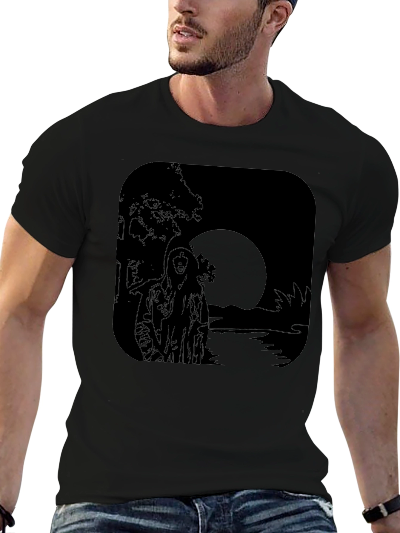 Moonlit River Graphic Tee - Black Cotton T-Shirt