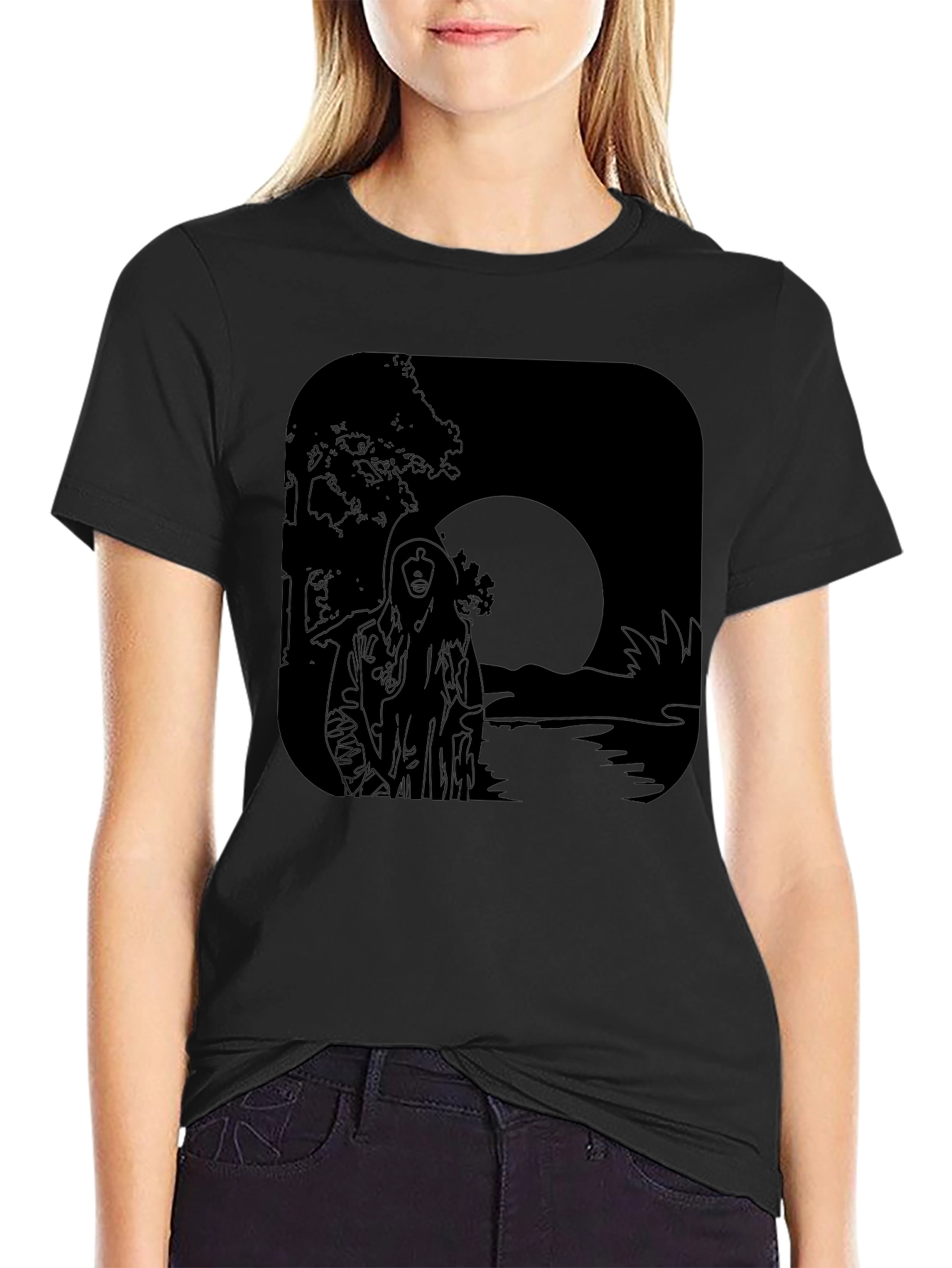 Moonlit River Graphic Tee - Black Cotton T-Shirt
