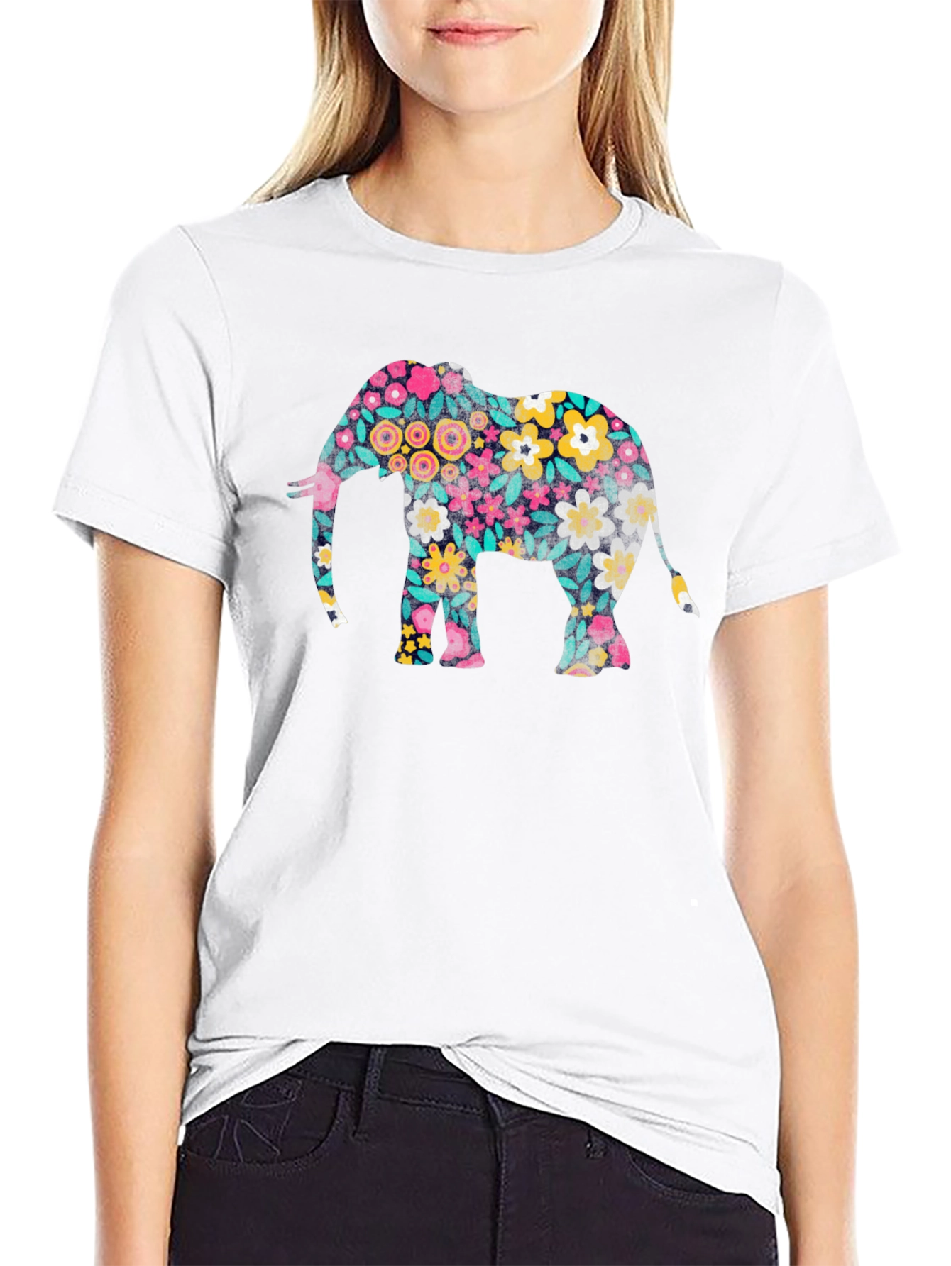 Floral Elephant Print Black T-Shirt