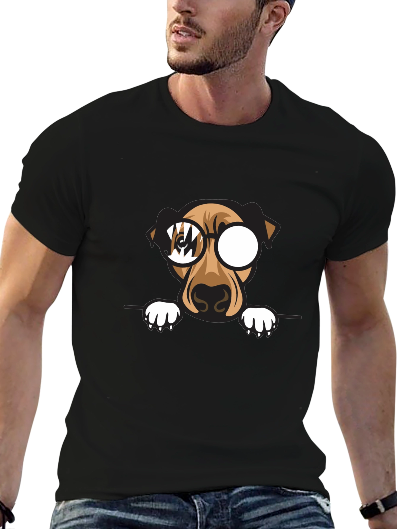 Dog with Glasses Graphic Print Black T-Shirt