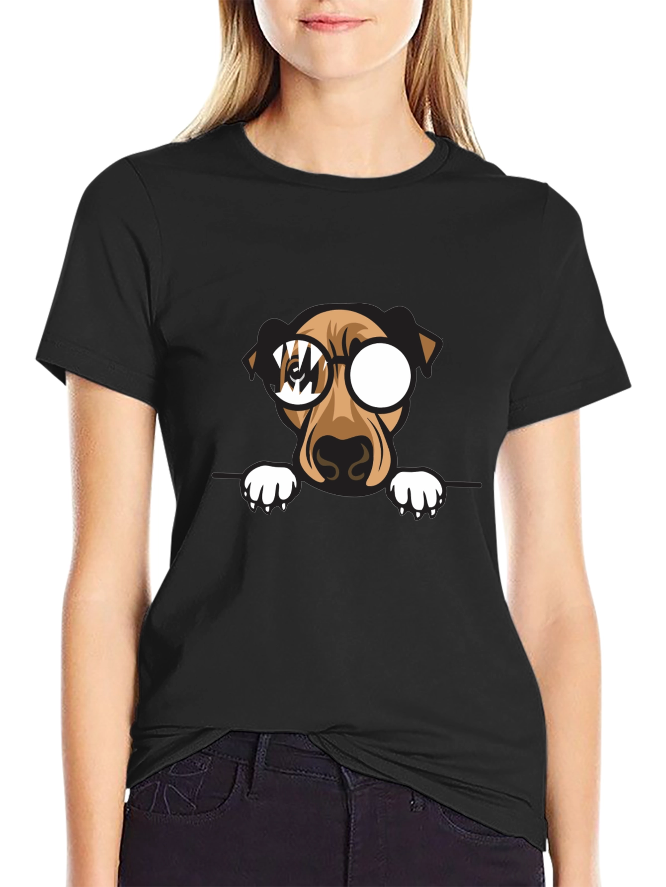 Dog with Glasses Graphic Print Black T-Shirt