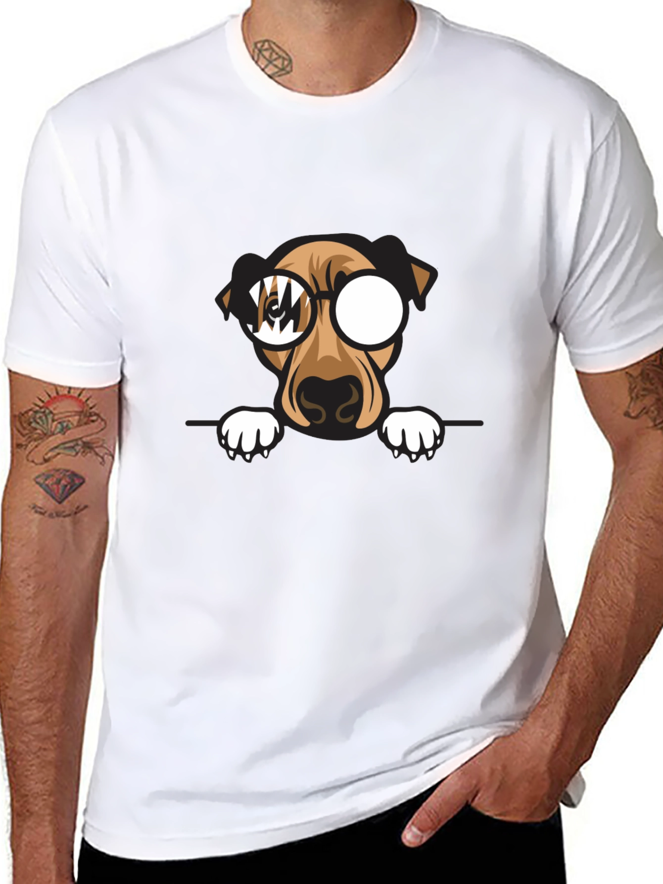 Dog with Glasses Graphic Print Black T-Shirt