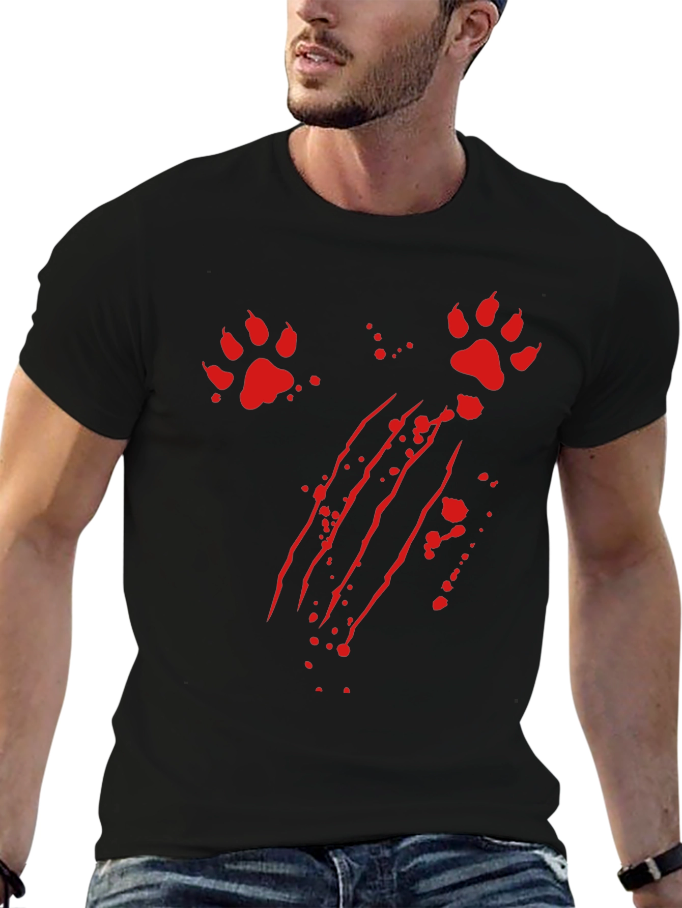 Mens Black T-Shirt with Claw Marks and Paw Prints