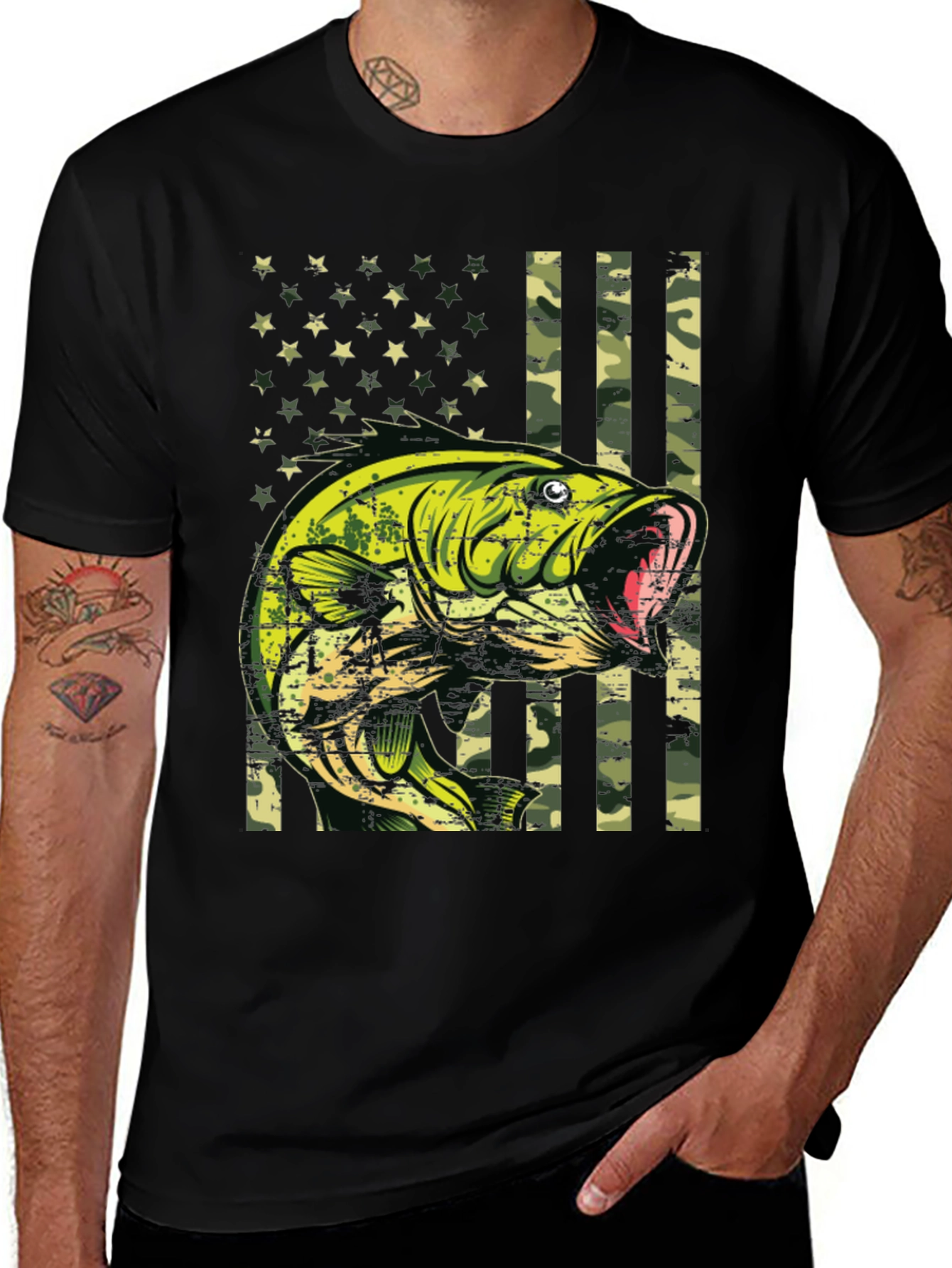 Bass Fish Camo American Flag Graphic T-Shirt