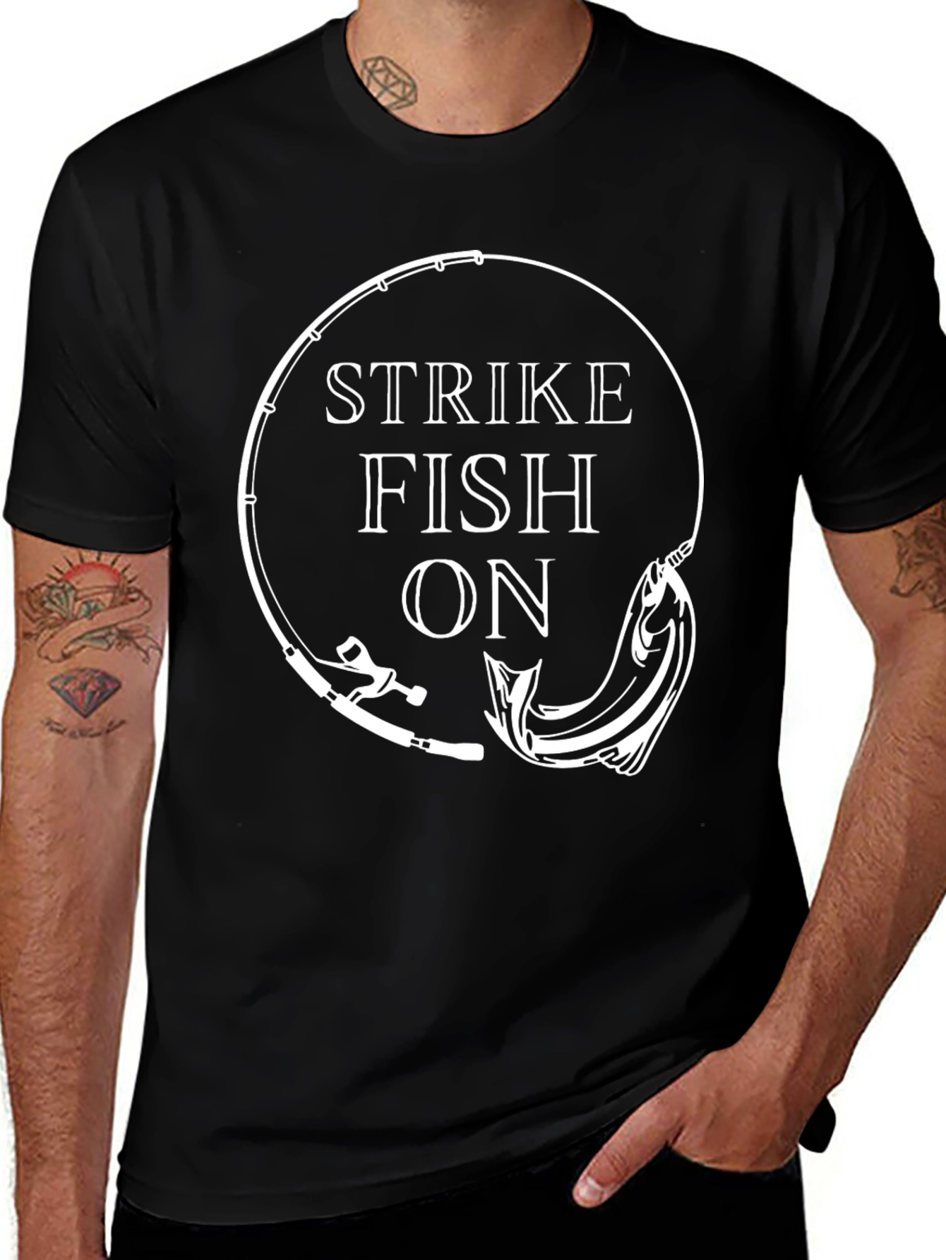 Strike Fish On Black T-Shirt Fishing Design