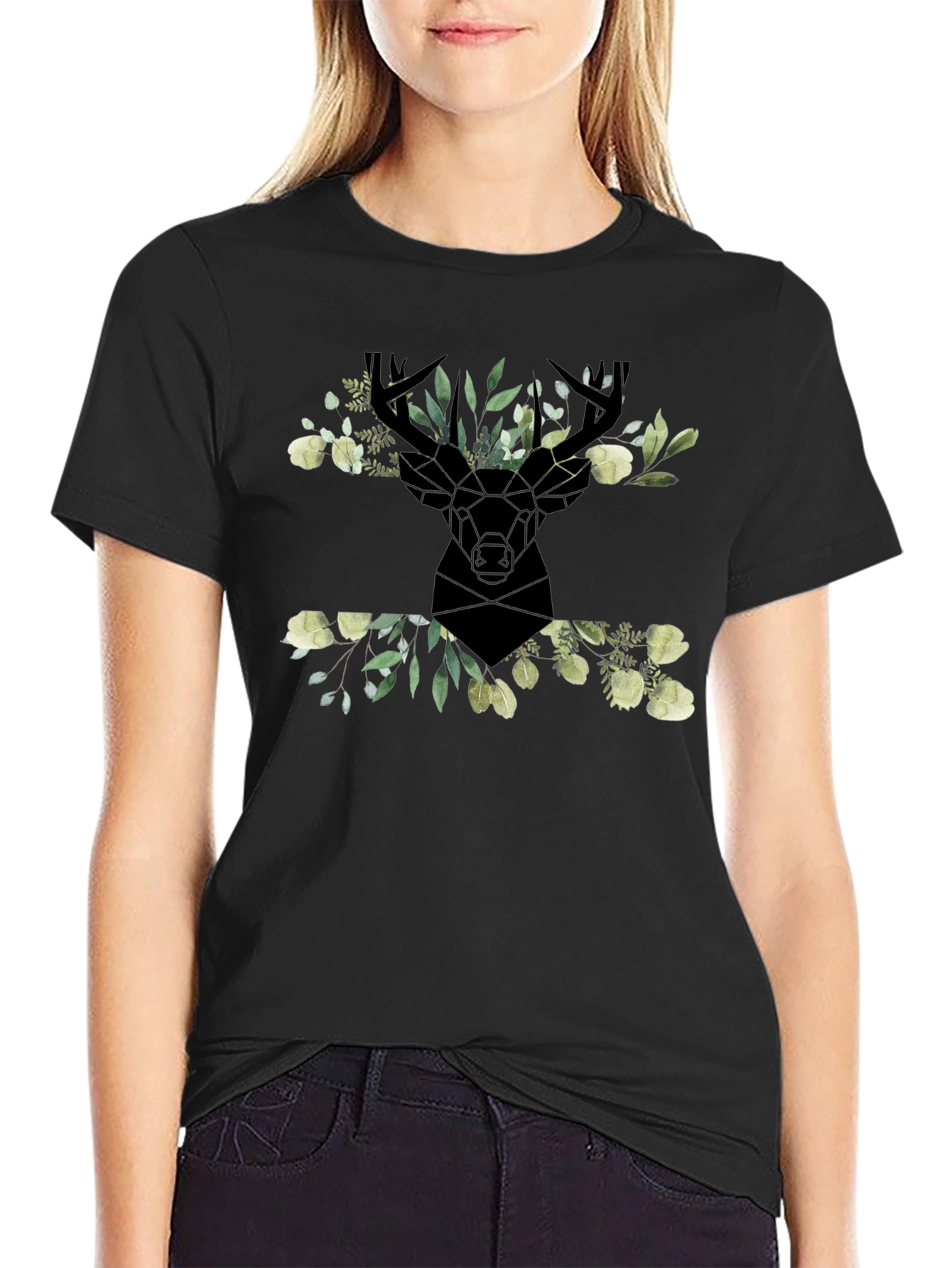 Floral Deer Head Graphic Black T-Shirt