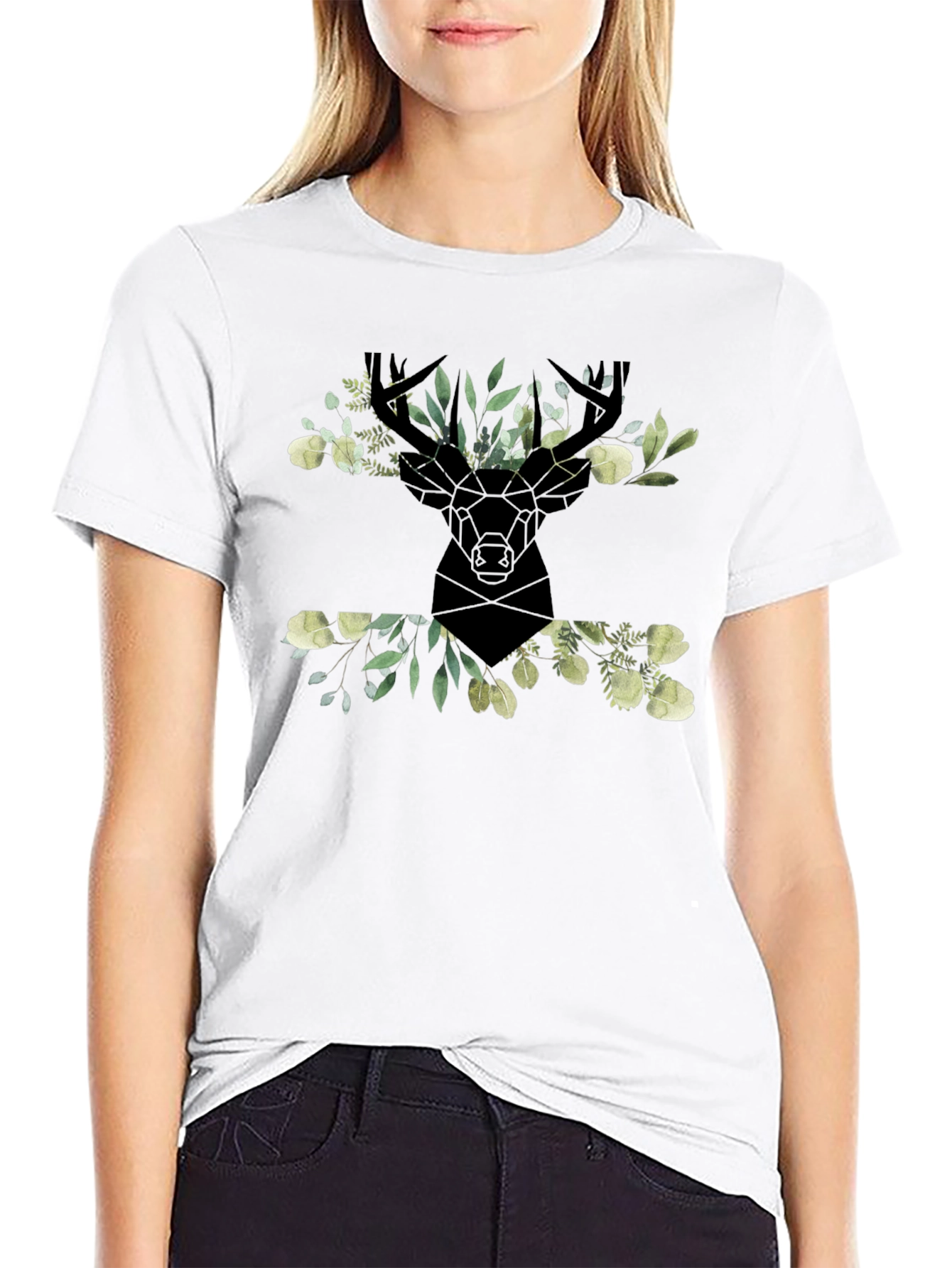 Floral Deer Head Graphic Black T-Shirt