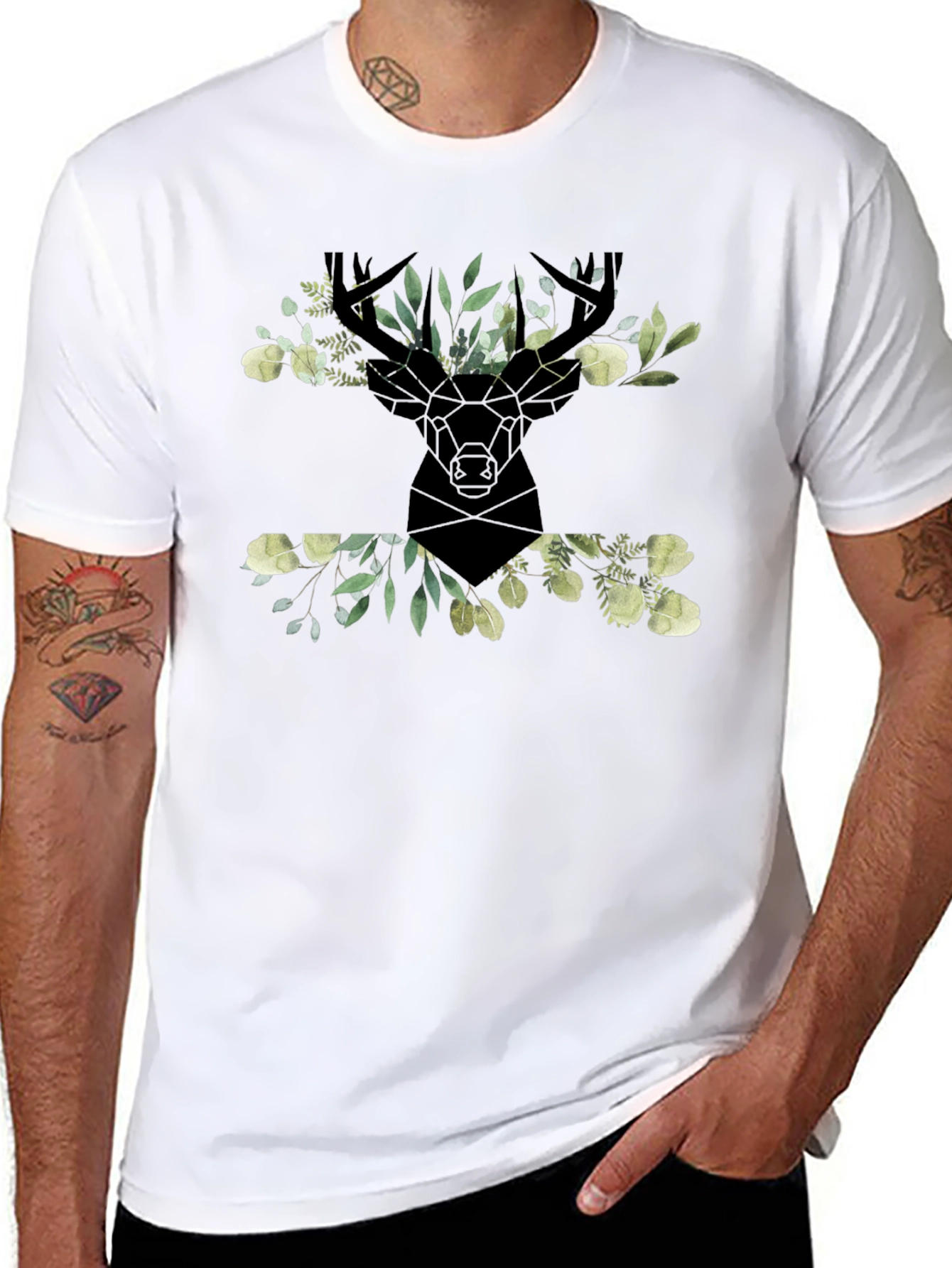 Floral Deer Head Graphic Black T-Shirt