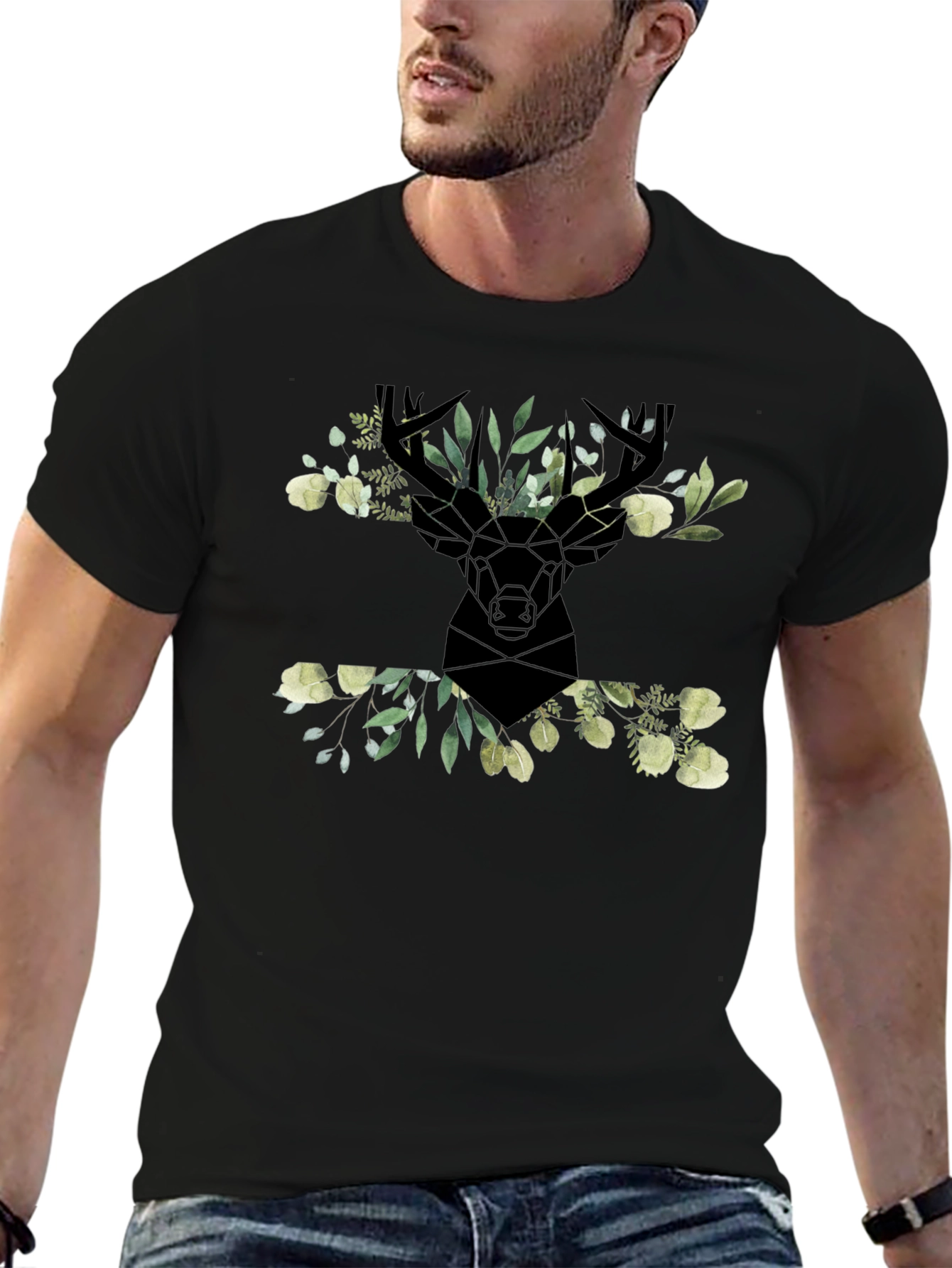 Floral Deer Head Graphic Black T-Shirt